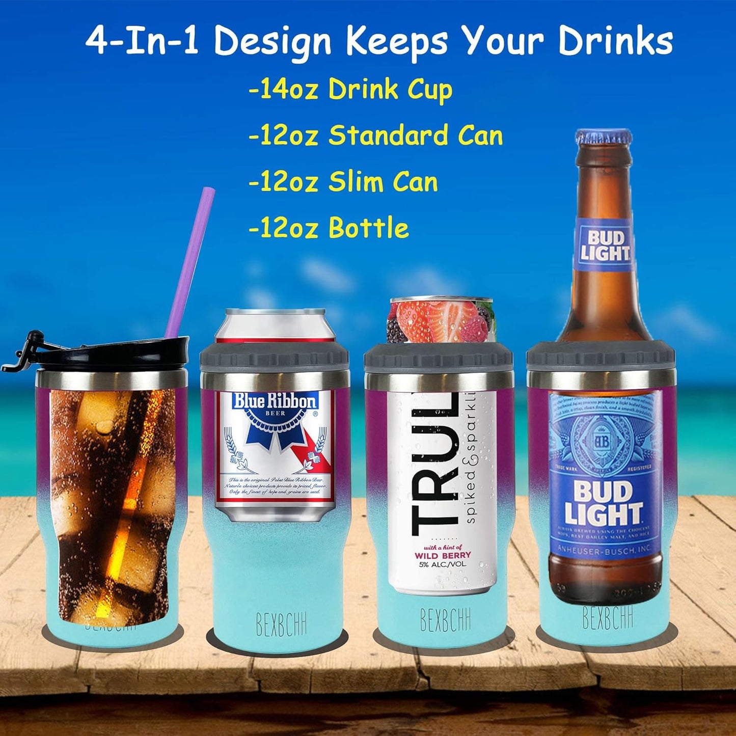 4-In-1 Slim Can Cooler for 12Oz Cans and Beer Bottles,Stainless Steel Double-Wall Insulated Beer Cooler,Universal Beverage Can Holder Keep Drinks Cold,Can Coozie Insulated for Beer, Soda
