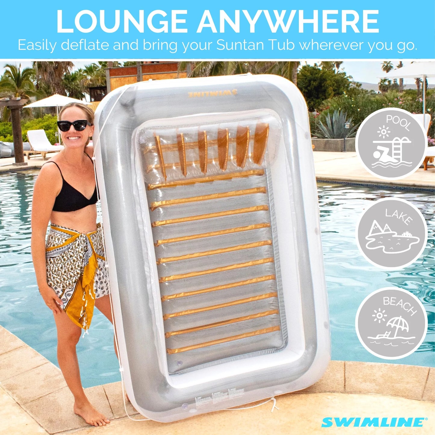 Luxe Edition Inflatable Suntan Tub Pool Lounger, White & Gold